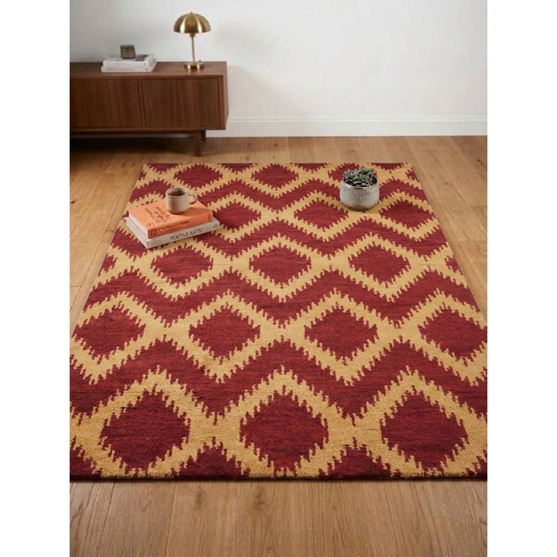 Red Gold 8' x 10' Wool Handmade Geometric Hand Knotted Rectangle Indoor Area Rug, Rectangle 8' x 10'