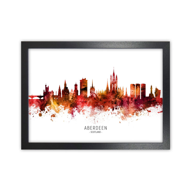 Aberdeen Scotland Skyline Red City Name by Michael Tompsett - Print, 34cm H x 46cm W x 3cm D, Black Framed