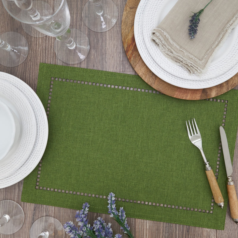 Green Polyester Laser-Cut Hemstitch Rectangle Placemats Set