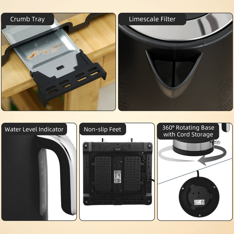 Kettle and Toaster Set, Black/Silver