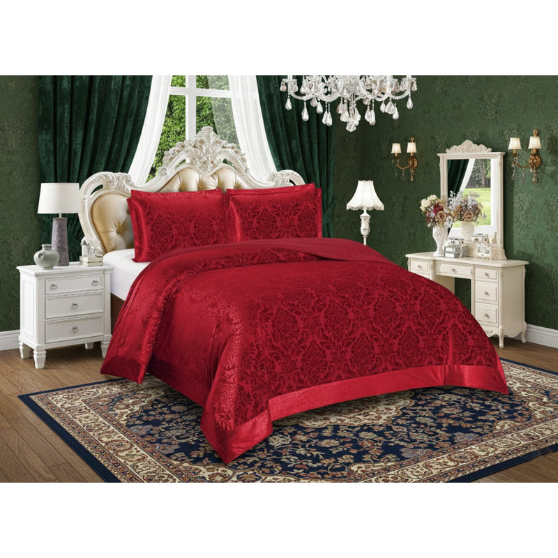 Emilia Bedspread Set with Pillow Shams – Luxury Jacquard Damask Coverlet Bedding for Double, King & Super King Sizes, Red