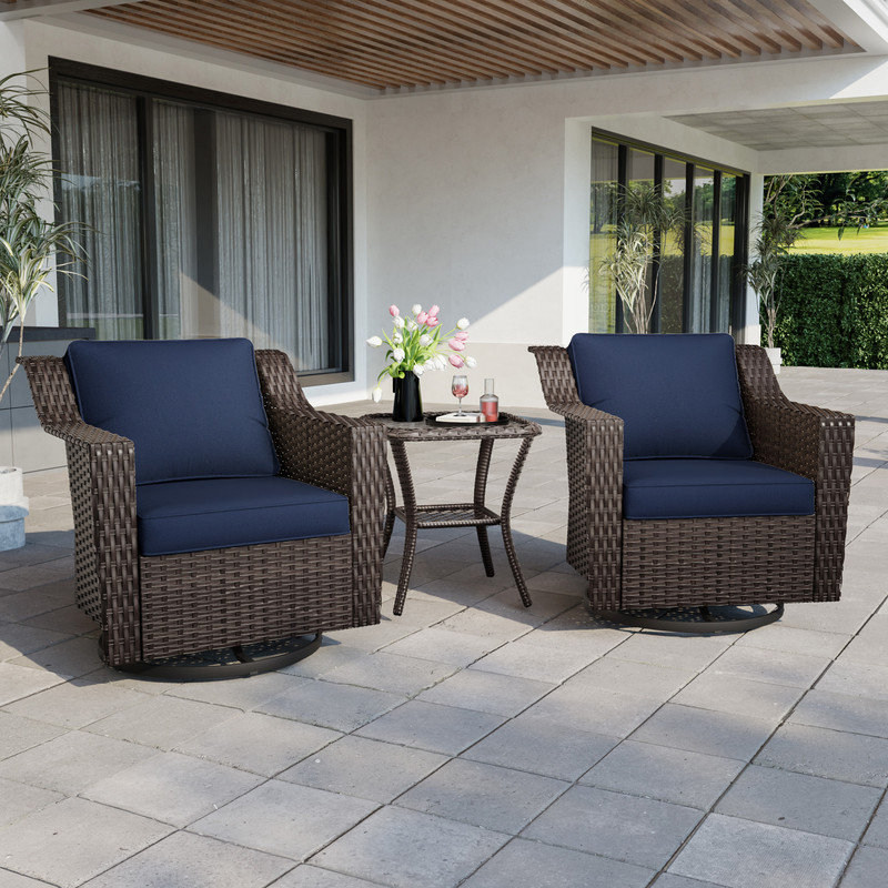 2 - Person Outdoor Wicker Patio Conversation Set with Swivel Chairs, Blue