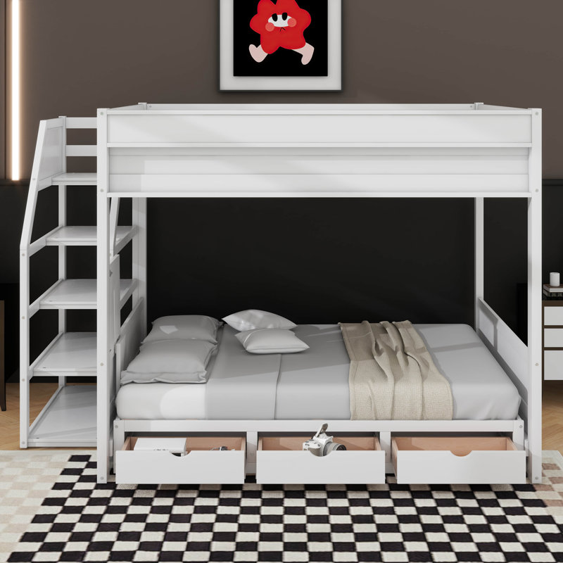 Full Size Convertible Bunk Bed With Drawers, White