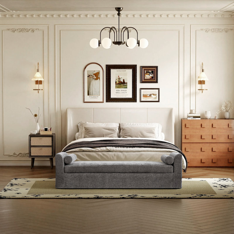 88.5" W Upholstered Modern Bench With Bolster Pillows, Gray