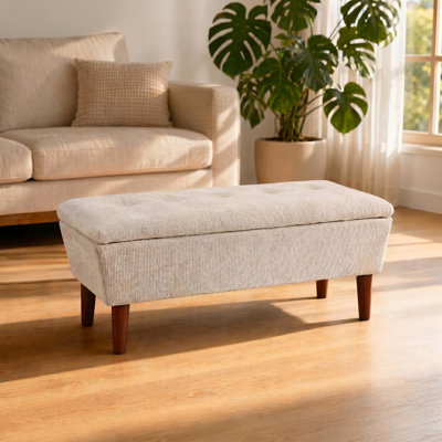 Banc repose-pieds rectangulaire de 42 po en lin, tabouret bas moderne avec repose-pieds en bois massif, banc à chaussures multi-usage et banc de bout de lit pour le salon / chambre à coucher