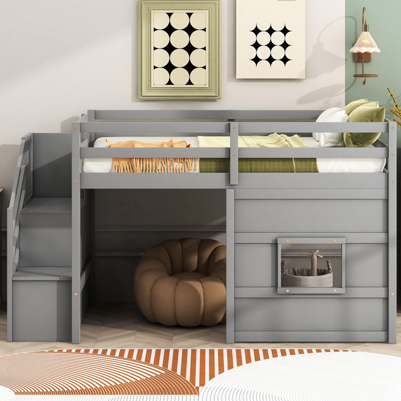 Lit mezzanine simple avec fenêtre et escalier de rangement gris - Bois massif pour le confort de la chambre à coucher