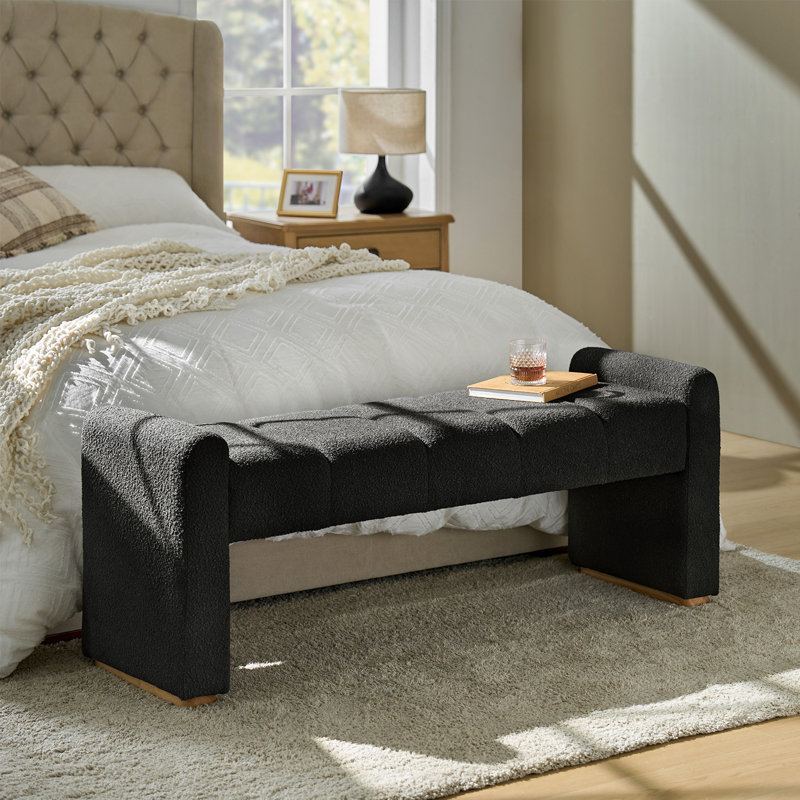Arlesia 55''W Modern Piano Key Design Upholstered Bench with Solid Wood Legs, Black