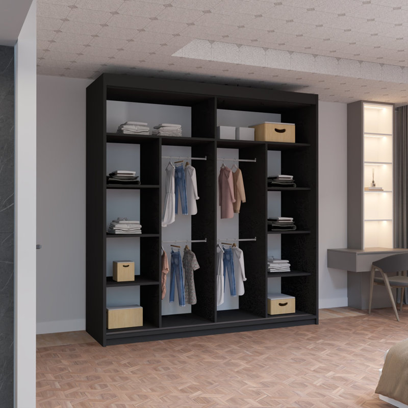 Moscow Sliding Wardrobe with Mirror Modern Bedroom Wardrobe 4 Colours 3 Sizes, 217cm H x 203cm W x 62cm D, Black