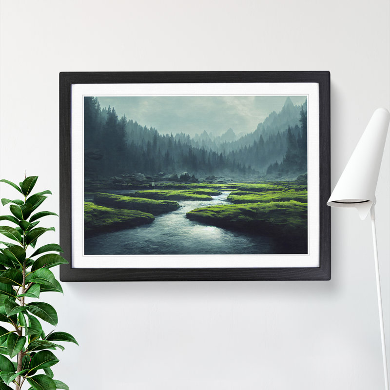 XH1022-7153X Pretty Forest River 1 Piece Single Picture Frame Wall Art, 46cm H x 64cm W x 2cm D, Black Framed