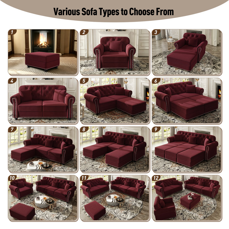 " Velvet Sofa, Canapé 3 places avec repose-pieds, Velours bourgogne