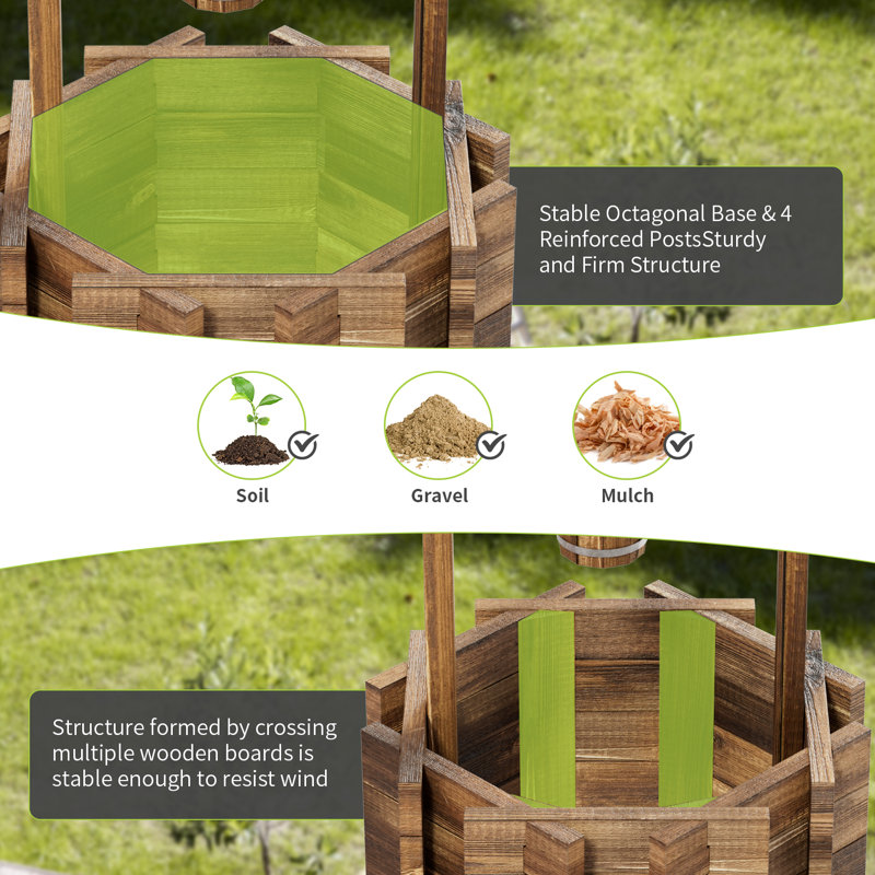 Decorative Wooden Garden Wishing Well Planter - Rustic Patio/Yard Décor W/Shaded Roof & Hanging Bucket