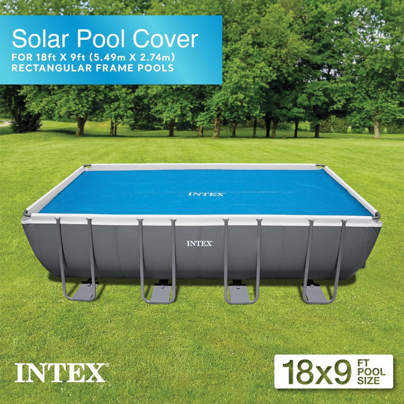 Intex: Housse solaire pour piscine - 18 pi x 9 pi - bleu, polyéthylène, isole l'eau, réduit l'évaporation, empêche les débris de pénétrer, accessoire rectangulaire pour piscine hors-terre