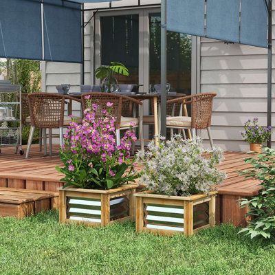 Ensemble de 2 jardinières surélevées, boîte à fleurs d'extérieur, métal galvanisé renforcé avec du bois, réservoirs pour faire pousser des fleurs, des herbes et des légumes