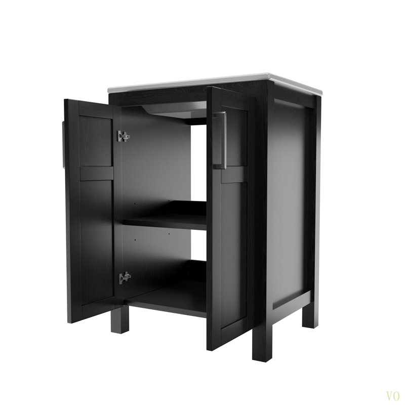 Une armoire de salle de bain de 24 pouces, jumelée à un lavabo en céramique, possède un design moderne et est faite de matériaux imperméables et durables.