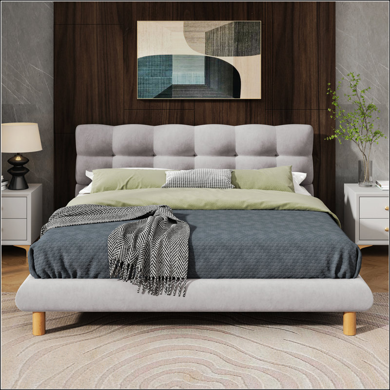 Full Size Upholstered Platform Bed Frame With Cookie-Shaped Headboard