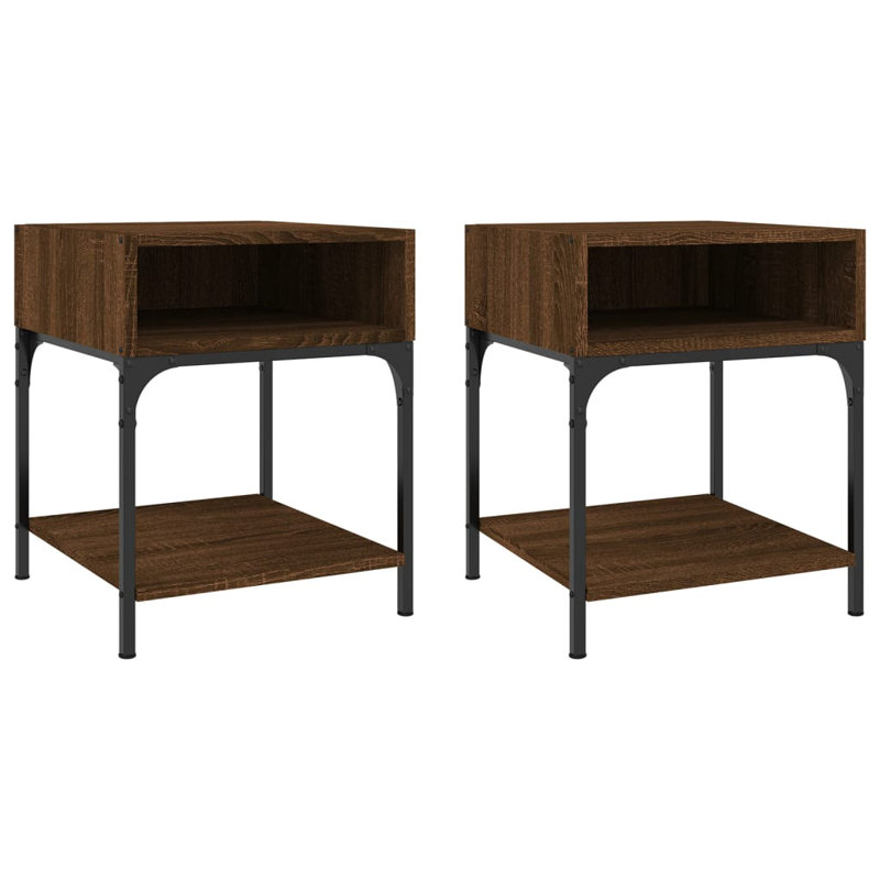 Elsaid 40cm W Iron Bedside Table, Brown Oak