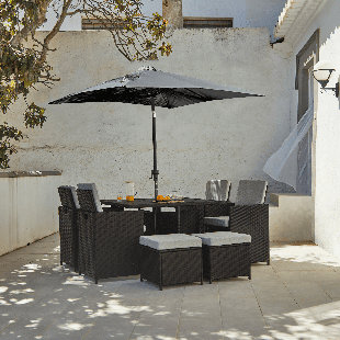 Quinden All Weather Wicker/Rattan 8 - Person with Cushions & Parasol