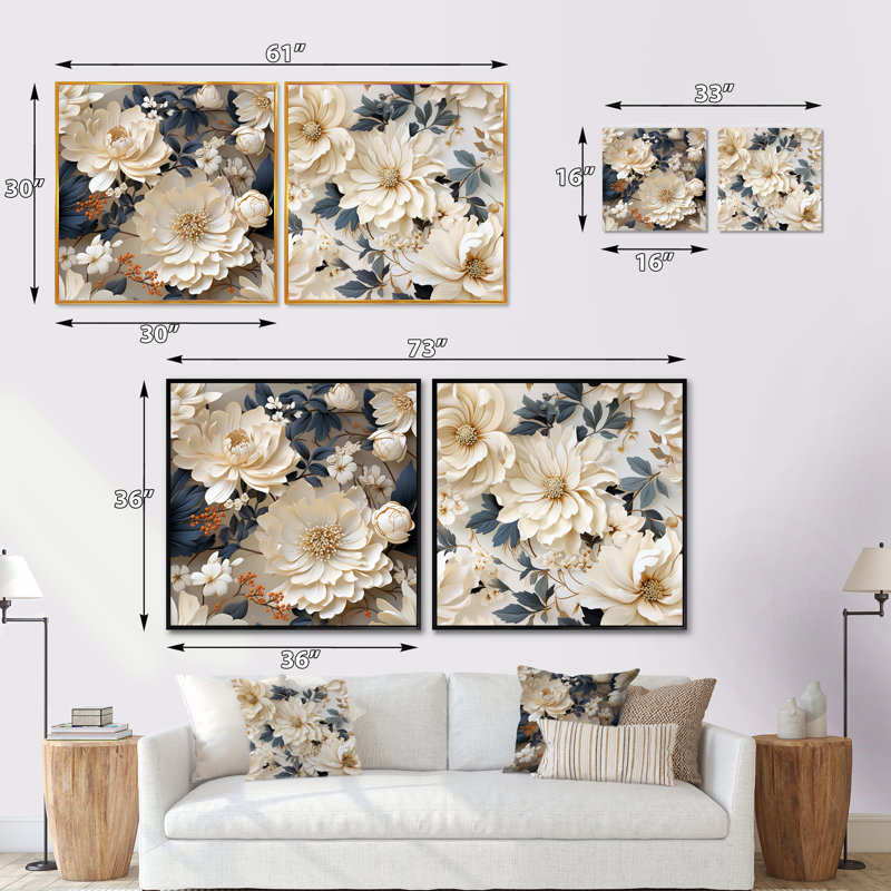 Ethereal Blooms III - Ensemble de 2 collages carrés floraux et botaniques, Cadre flottant noir, H 30 po x l 61 po
