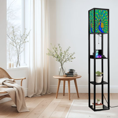 Dimmable LED Standing Floor Lamp Stained Glass Print Style Sky Peacock, MDF Frame Floor Lamp with Remote Control, 3 Color Light, for Living Room Bedroom