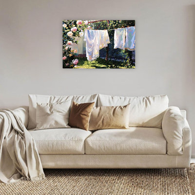 Vintage Sunshine Farmhouse Floral Landscape Laundry Decor, Unframed Wall Art, 24"L X 36"W