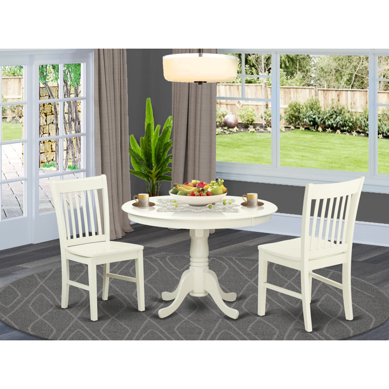 Ensemble de coin repas 3 pièces pour petits espaces comprenant une table ronde avec piédestal et 2 chaises, blanc lin
