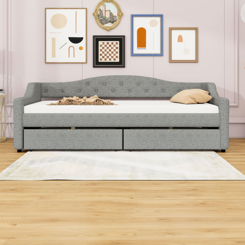 2 Drawers Upholstered Twin XL Daybed with LED Lighting, Gray