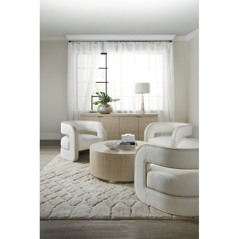 42" Transitional Beige & Gold Round Wood Coffee Table with Metal Trim