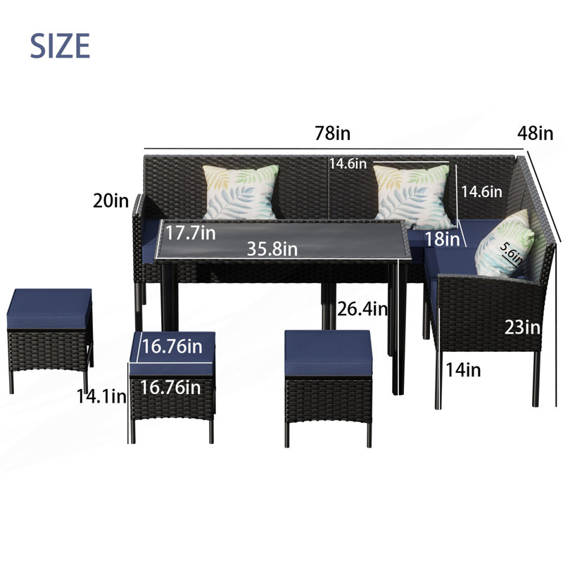Ensemble de mobilier d'extérieur compact 7 pièces avec table en verre, Bleu, Noir