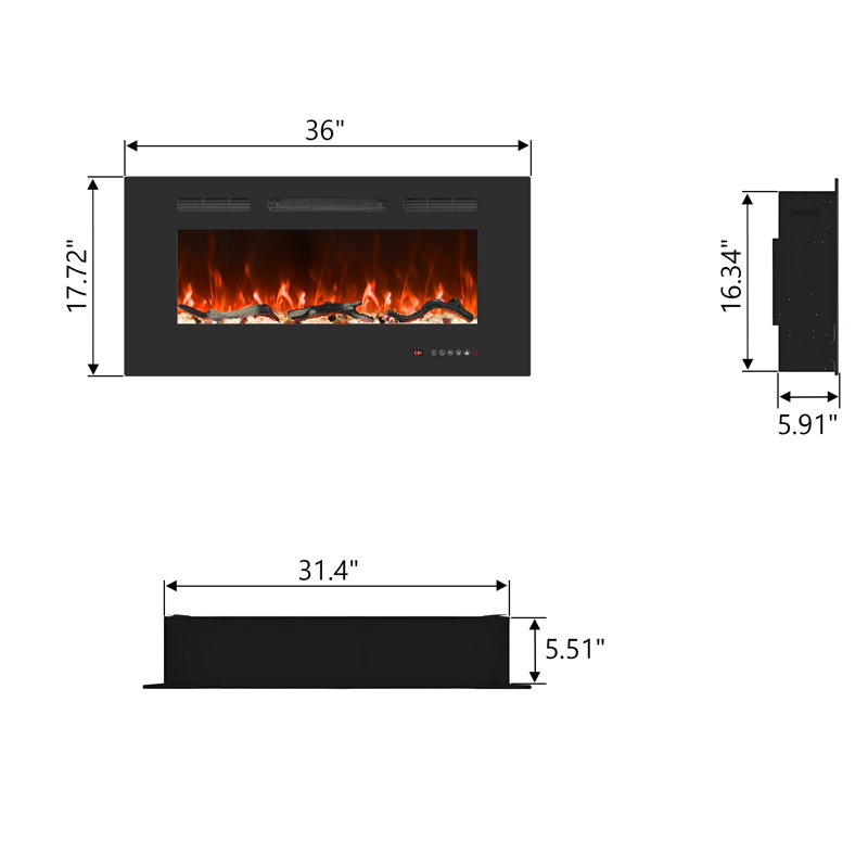 Recessed and Wall-mounted Electric Fireplace Inserts With 13 Flame and Fuel bed Colours, 750/1500W, Timer