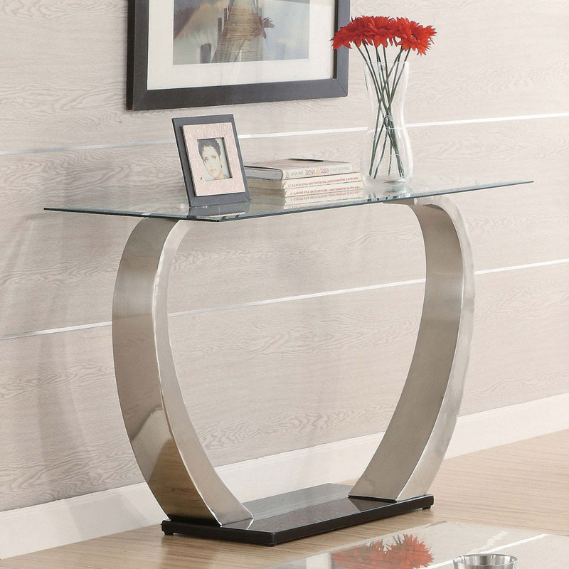 Console satinée avec plateau en verre argenté