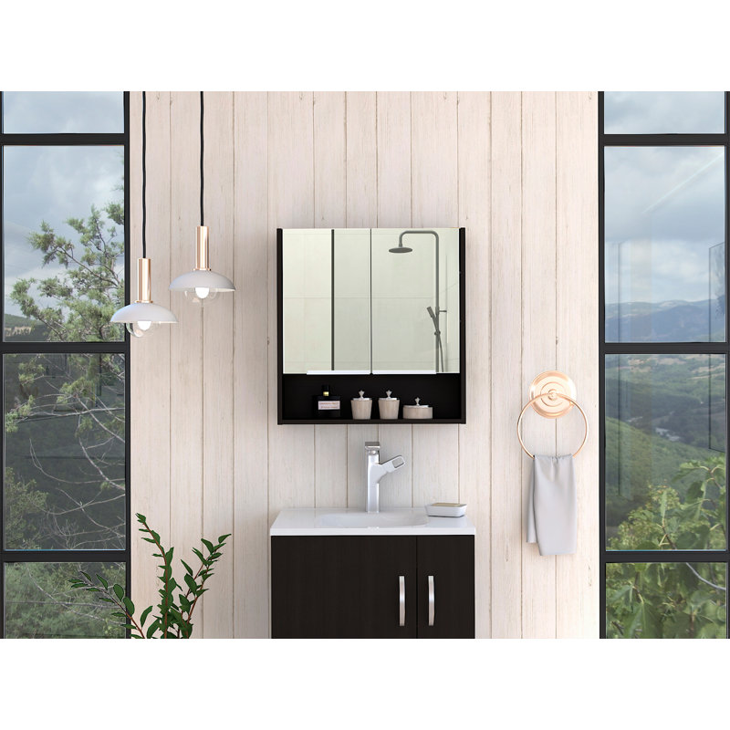Armoire à miroir, trois tablettes internes, une tablette ouverte, armoire à deux portes, Noir