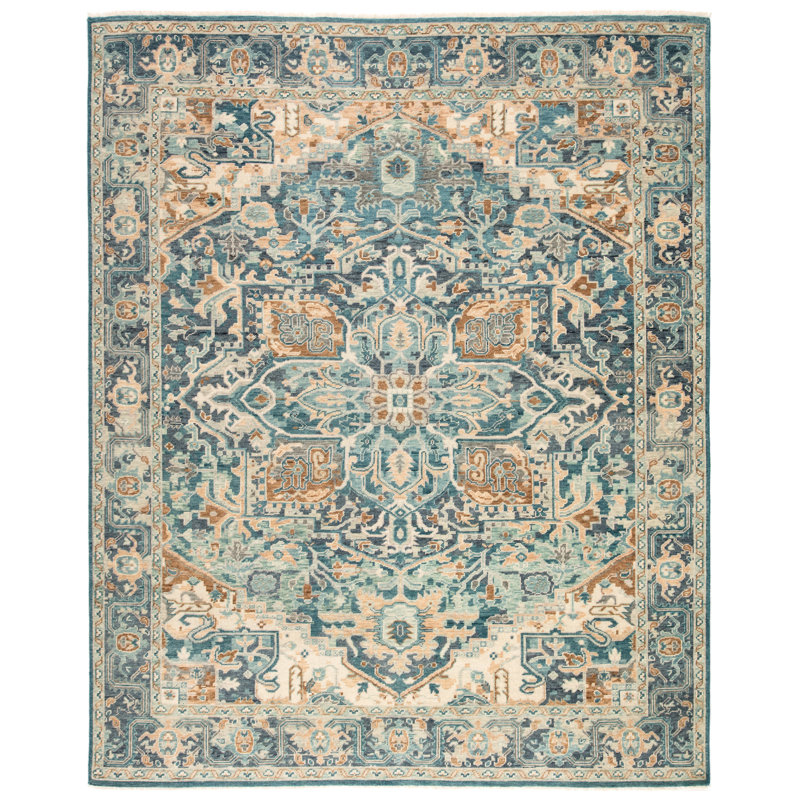 Inspirit Hand Knotted Wool Oriental Area Rug in Blue, Rectangle 10' x 14'