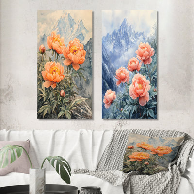 Pivoines et sommet de montagne III - art mural floral 2 pièces