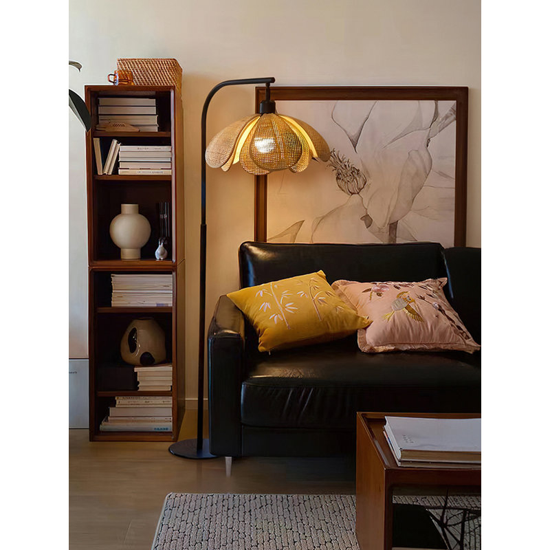 Japanese-style metal and rattan floor lamp