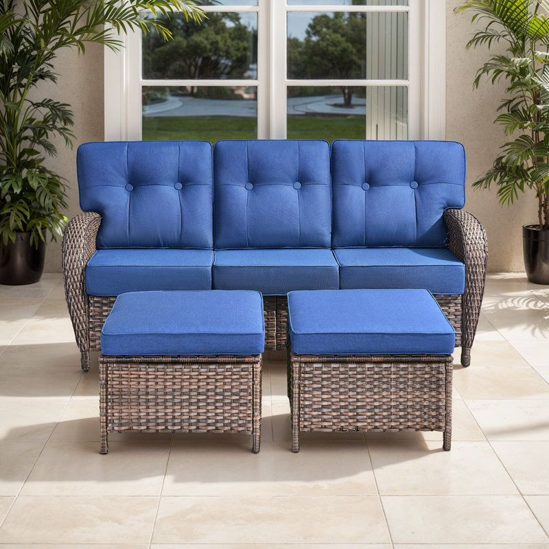Agnes All-Weather Wicker Sofa Set With T-Back Cushions And Ottomans, Blue