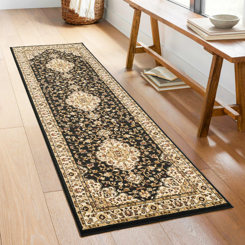 Tapis contemporain d'intérieur, Noir, Tapis de couloir 2 pi 7 po x 7 pi 3 po