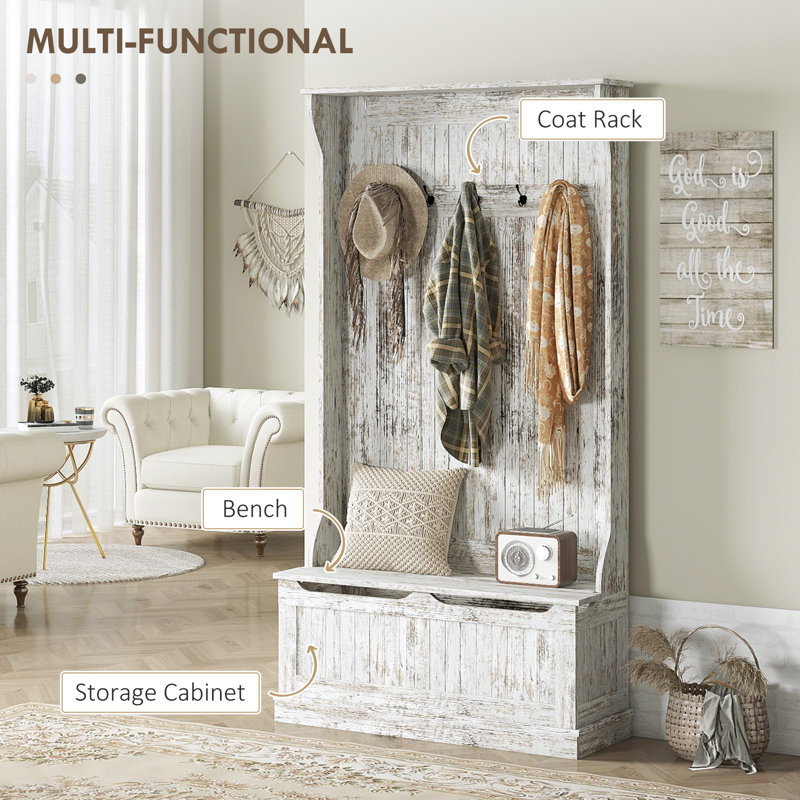 3-In-1 Entryway Hall Tree with Storage Bench, Coat Rack with Five Hooks, White