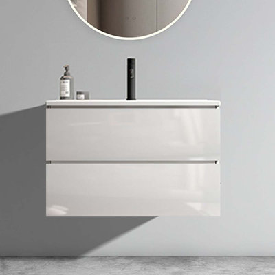 30" Wall Mount Glossy White Bathroom Vanity With Ceramic Sink With Single Hole, Large Storage Floating Bathroom Vanity
