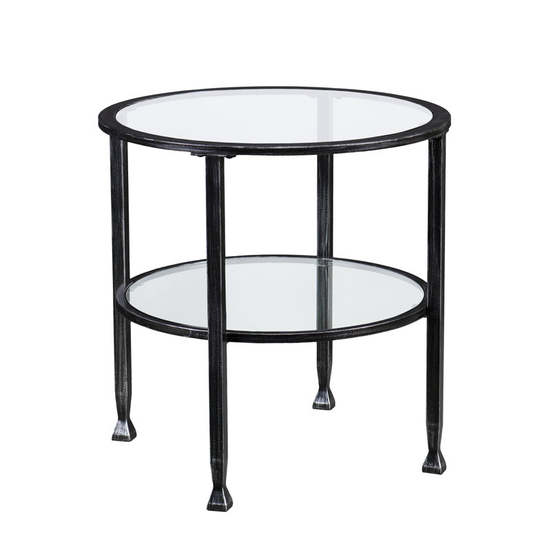 Jordyan 24" Glass And Distressed Iron Round End Table With Shelf, Black