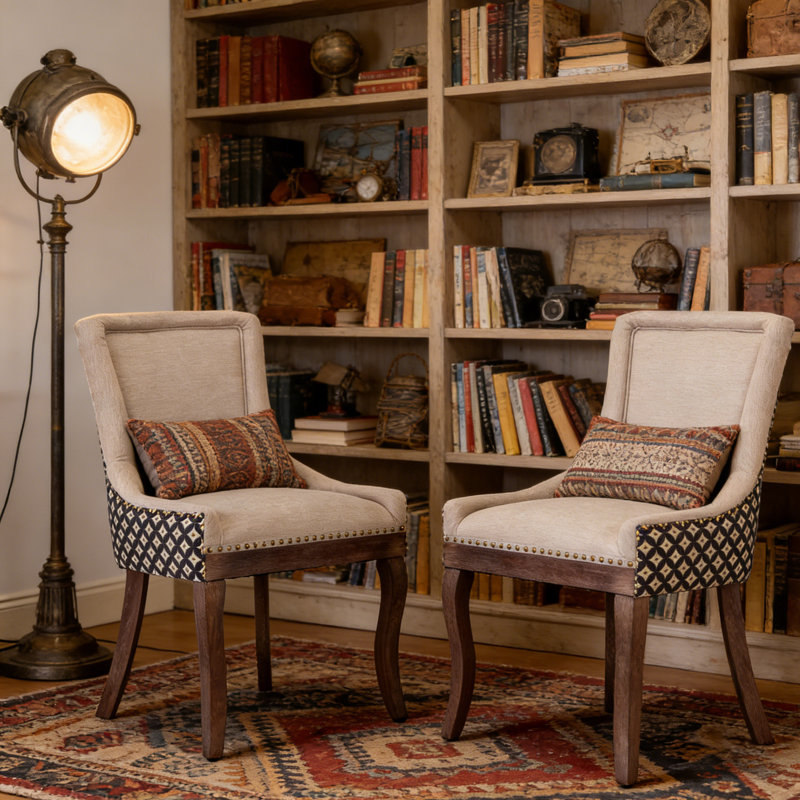 Farmhouse Upholstered Side Chairs Set of 2, Vintage Solid Wood Kitchen Dining Chairs with Nailhead Trim & High Back Support, 350lbs Weight Capacity