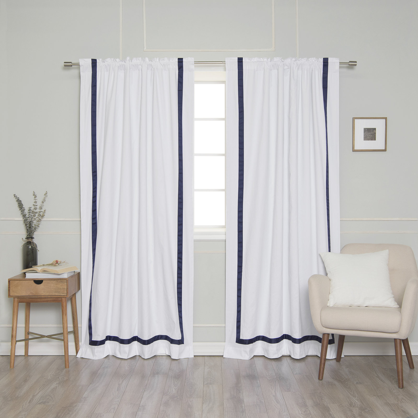 Nico Blackout Cotton Curtain Panel Set, White/Navy