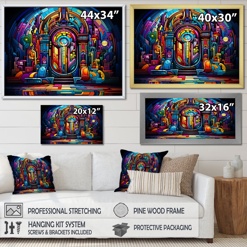 Multicolor psychedelic Jukebox Sound - Jukeboxes, art mural, H 16 po x l 32 po x P 1 po, Cadre flottant doré