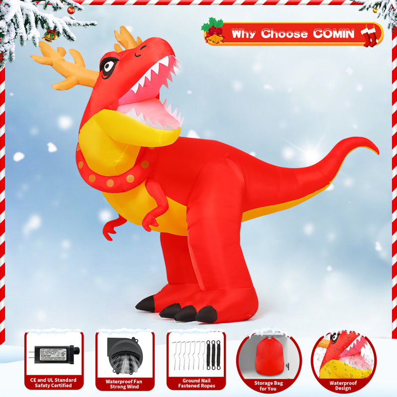 Christmas Inflatables 6 FT Christmas Dinosaur Inflatable Blow Up Antlers Dinosaur Inflatable with Built-in LEDs