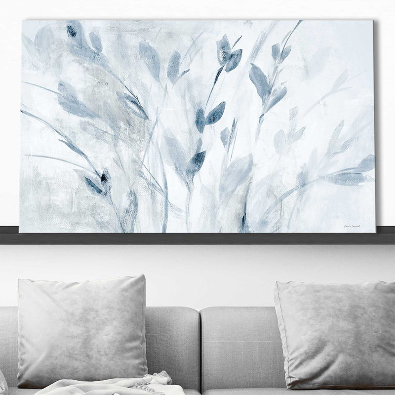 «Blue Misty Leaves» par Lanie Loreth - Peinture, Toile tendue, H 18 po x l 30 po x P 1 po