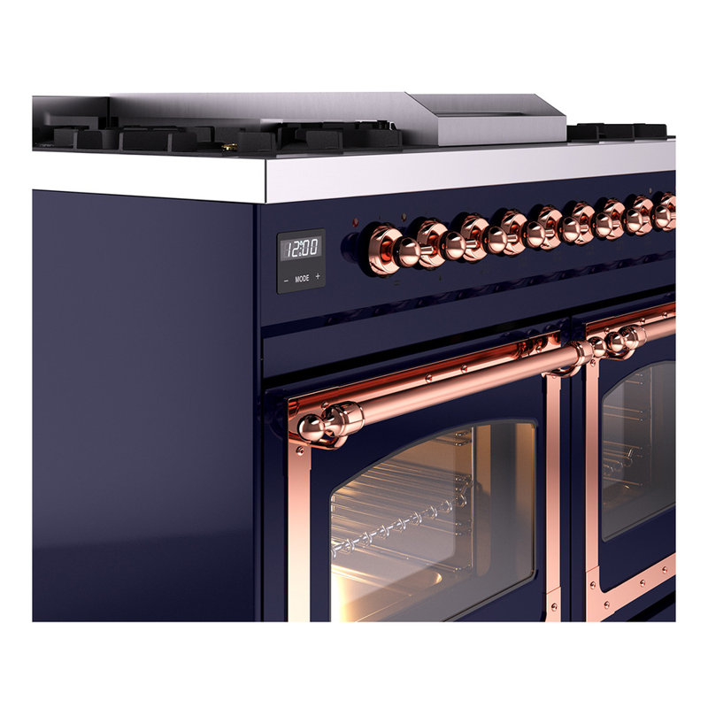 ILVE Nostalgie II Series Noblesse 40 inch Dual Fuel Range with 6 Sealed Burners, Griddle (Glass Door), Midnight Blue/Copper