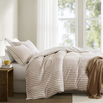 Housse de couette 3 pièces pour lit Queen, en lin et coton, douce et fraîche au toucher, rayures classiques teintes, usage polyvalent, design rayé intemporel, confort optimal, lavage à la machine standard.