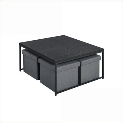 Ensemble de tables basses 35 po à grain de bois noir avec 4 tabourets de rangement - Solution de rangement de salon peu encombrante