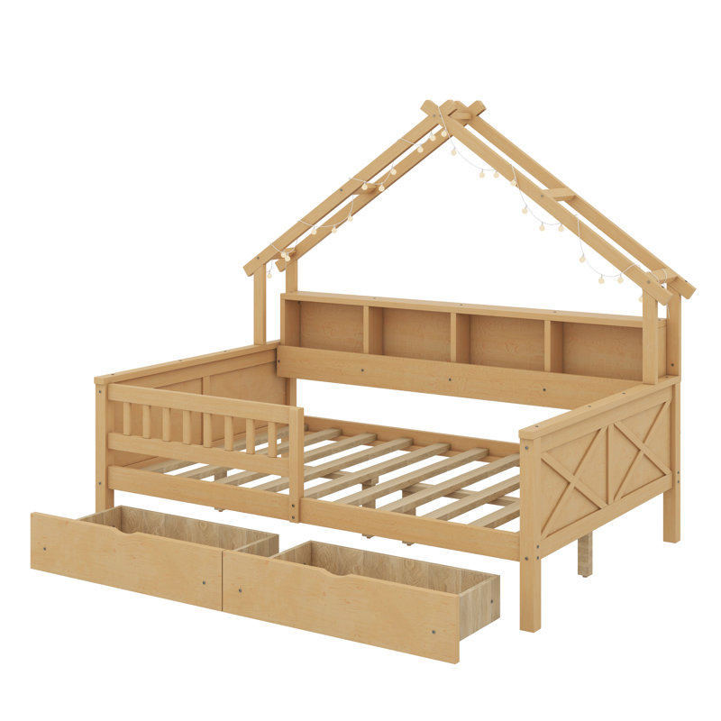 Lits plateforme en bois pleine grandeur avec DEL, tablettes de rangement, tiroirs et garde-corps, Naturel