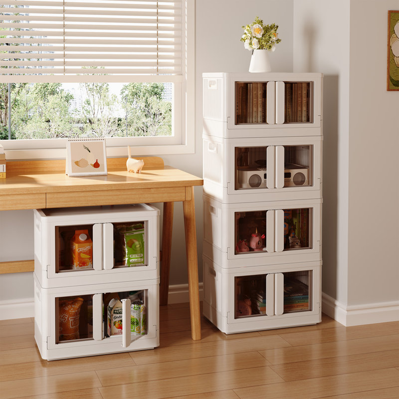 Stackable Collapsible Plastic Storage Bins with Lids – 150 QT Closet Organizers with Doors, 19” L x 12.2” W, White