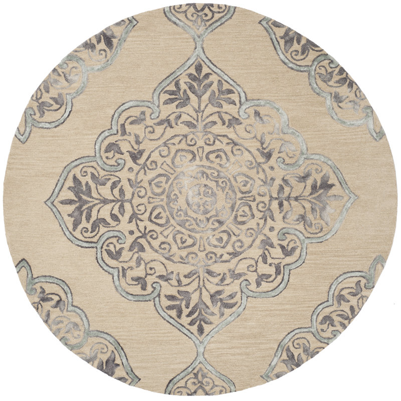 Pimentel Hand Tufted Wool/Cotton Geometric Rug in Blue/Beige, Round 7'